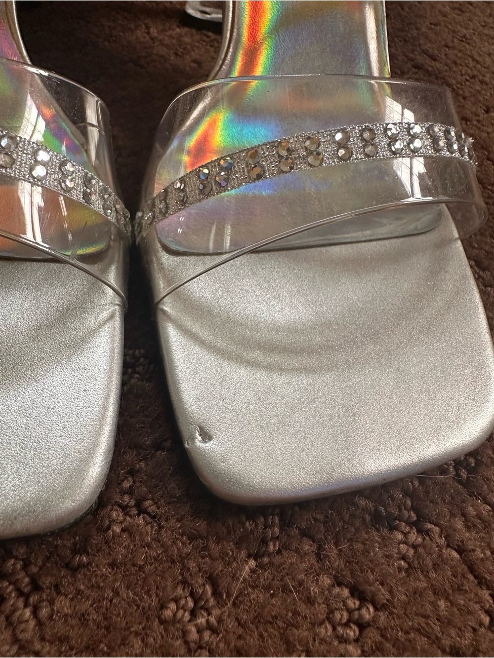 Mootsies Tootsies Gilette Sz 7.5 Clear Strap Silver Holographic Block Heels Y2k - Picture 3 of 8